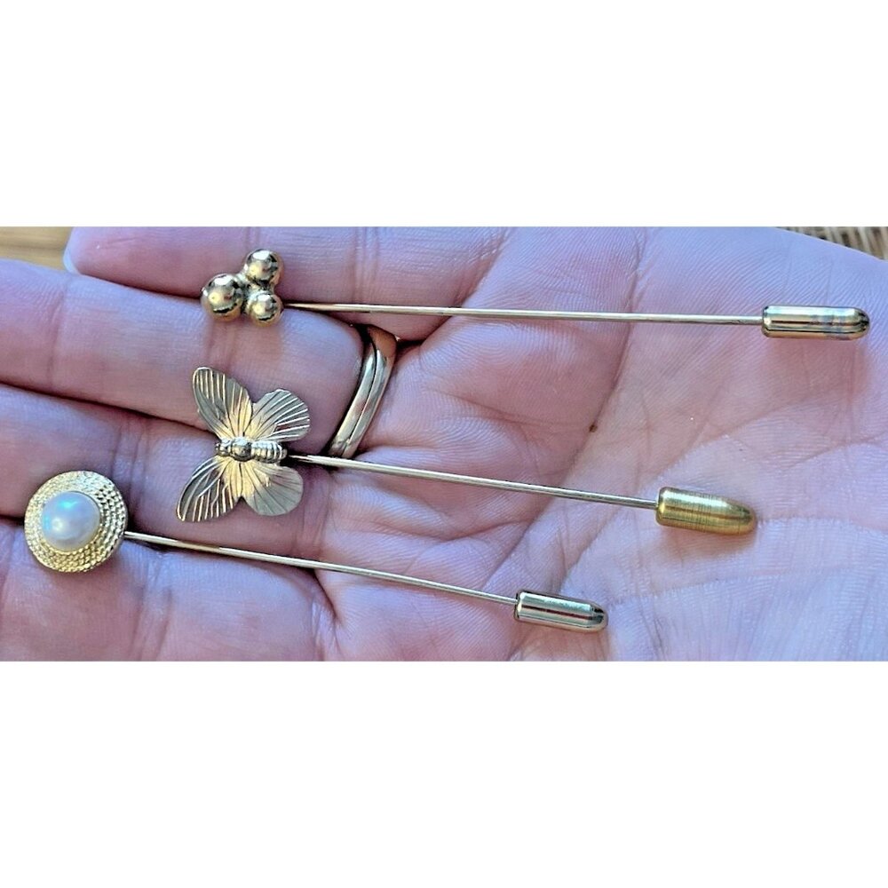Stick Pin 1980's Gold Brooch Pin Butterfly Pearl Gold Balls